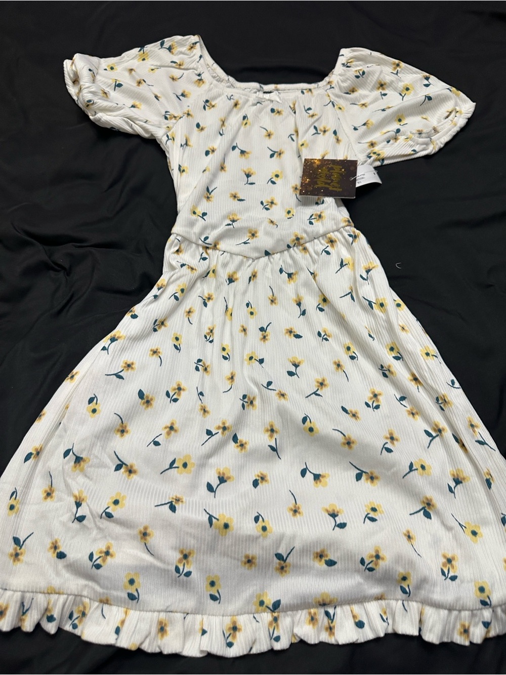 Planet Gold White Dress with Yellow Floral Print and Blue Leaves
